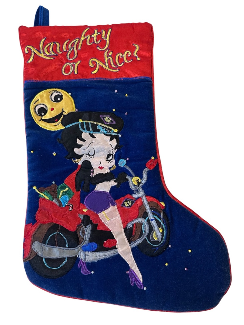 Betty Boop 1990s 90s 'Naughty Or Nice' Embroidered Beaded Motorcycle Stocking